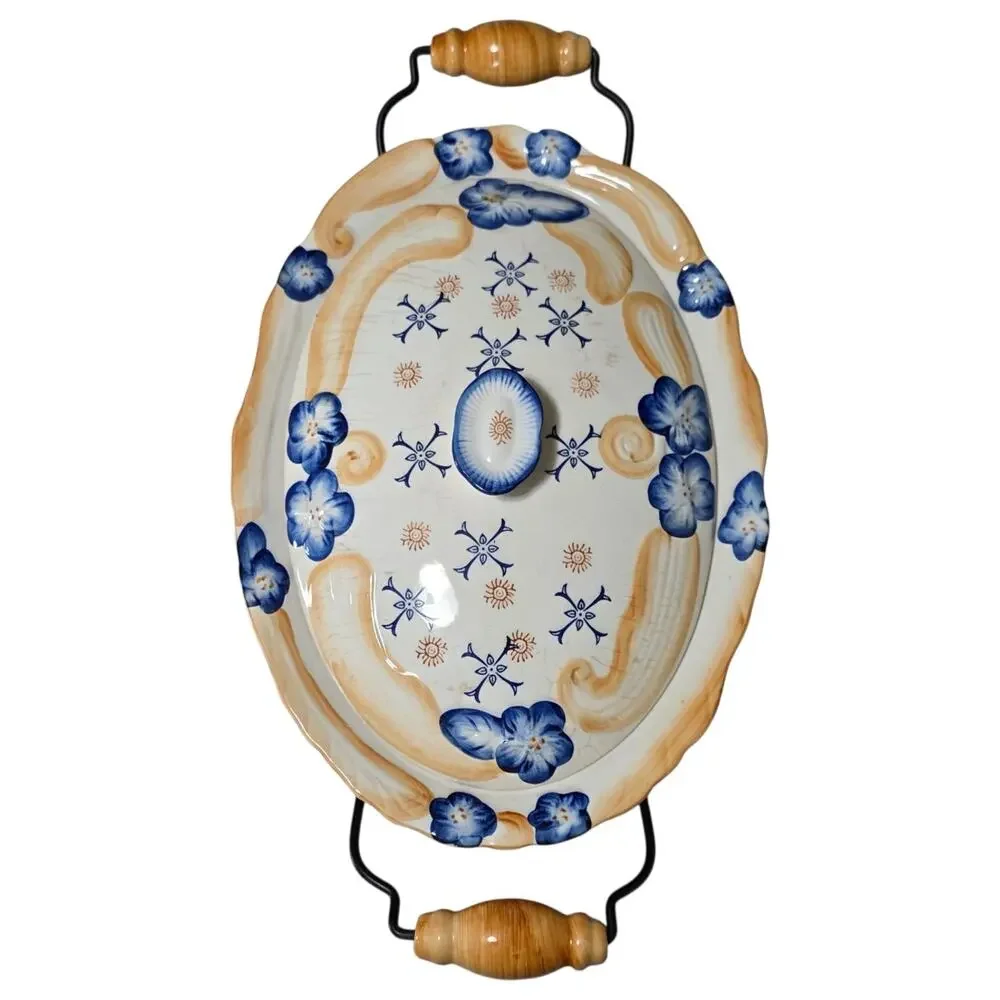 Temp-tations Provance Blue Morning Glory 3.5 Qt Oval Casserole Dish Lid Rack